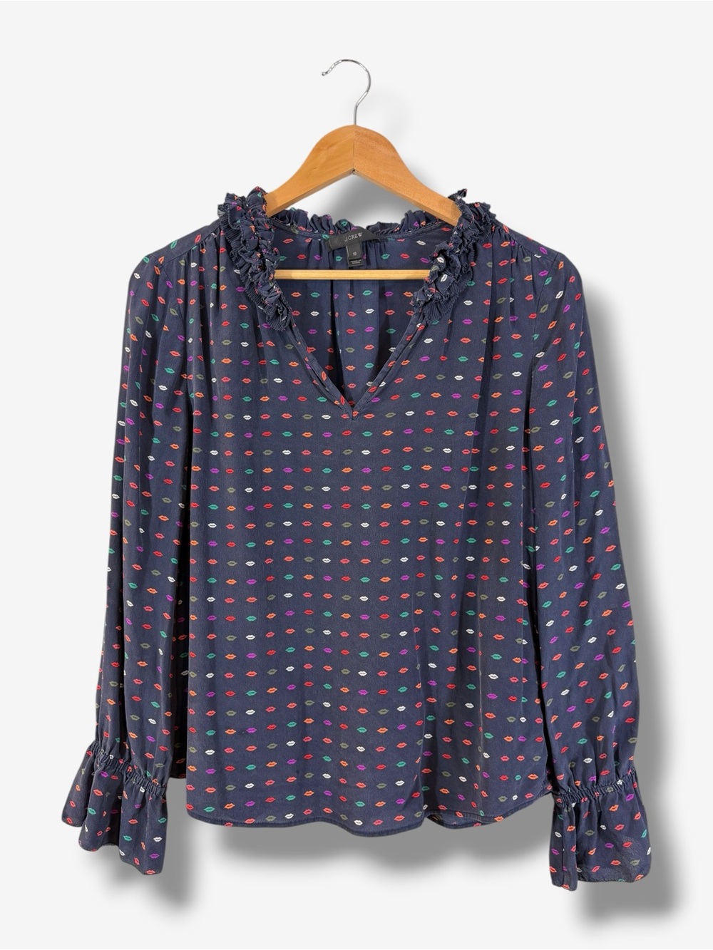J. Crew Blue Silk Blouse Size 10 Multicolor Lip Print Ruffle Sleeve Preppy